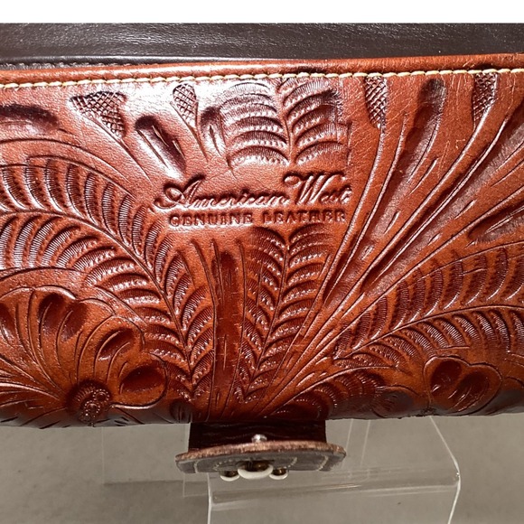 American West Genuine Leather Western Tooled Wallet Brown Snap Closure - Picture 4 of 16